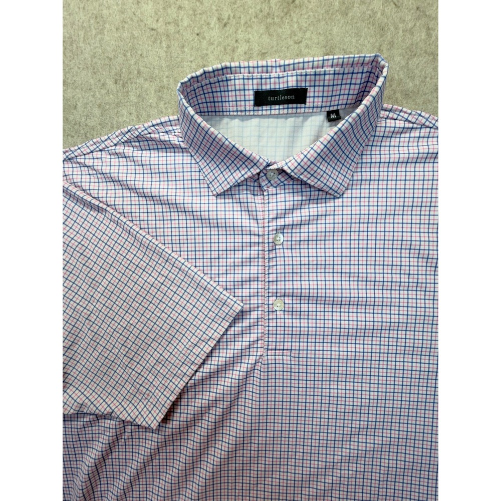 Turtleson Polo Shirt Mens Medium White Pink Blue Check Performance Stretch Golf